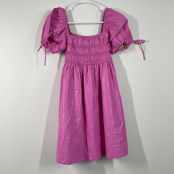 TCEC Dress Women S Pink Faux Leather Smocked Mini Puff Sleeve Coquette Lolita - Picture 1 of 7